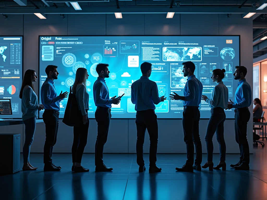 Team of professionals discussing data analytics in front of a large digital screen displaying AI-driven dashboards global metrics in a modern tech workspace.