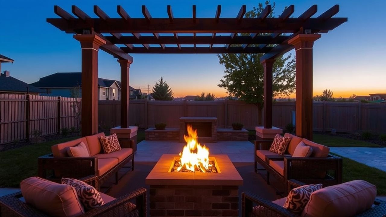 Home improvement idea Backyard lounge with fire pit pergola at sunset.