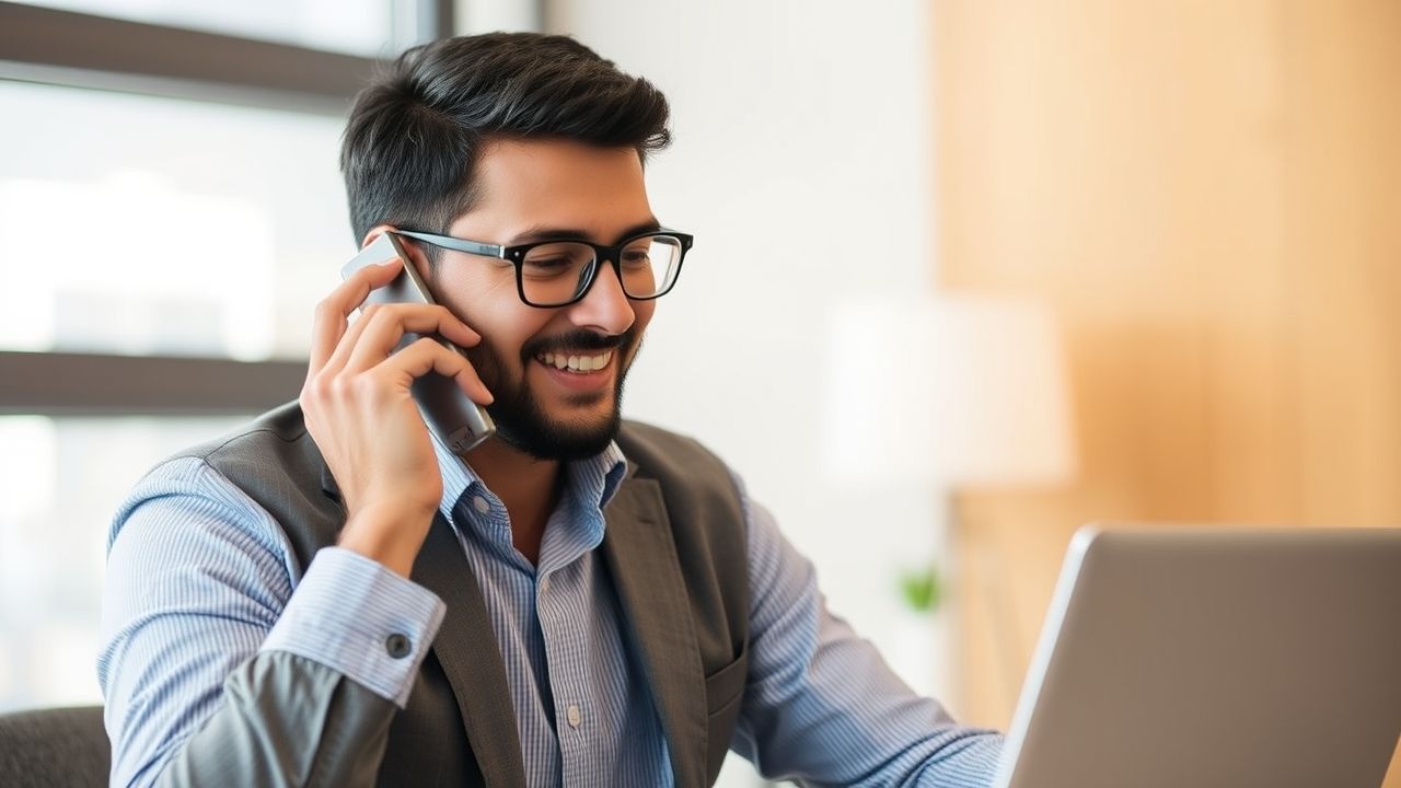 “Business development representative on a phone call initiating contact with a potential client.”