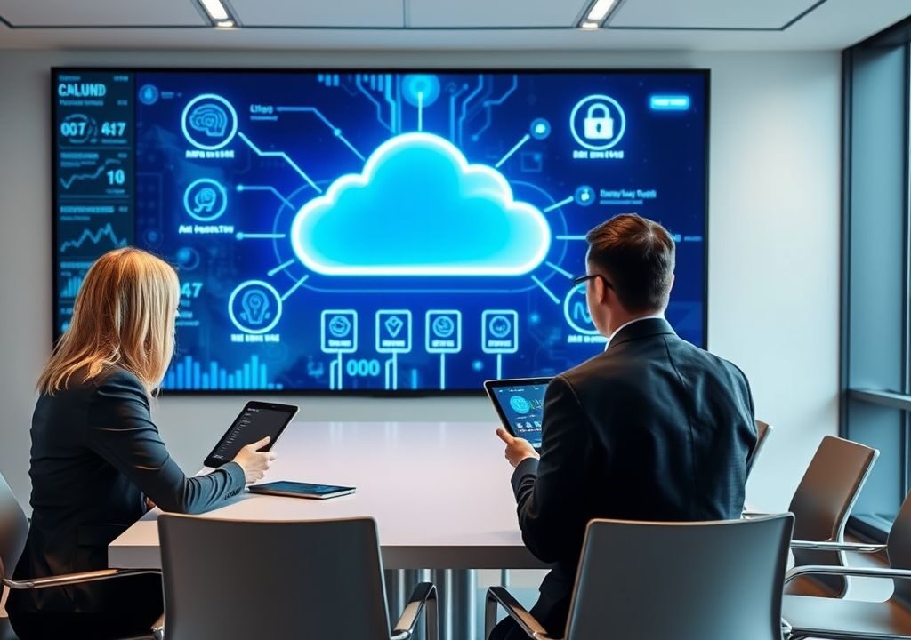 "Executives discussing cloud computing, AI, cybersecurity in a tech-enabled business meeting room"