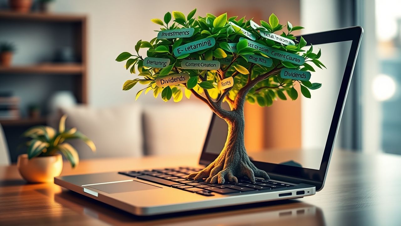 A digital tree symbolizing passive income ideas grows from a laptop keyboard in a modern home office. Branches are labeled with terms like “Investments,” “Dividends,” “Rentals,” “E-learning,” “Content Creation,” representing various passive income streams.